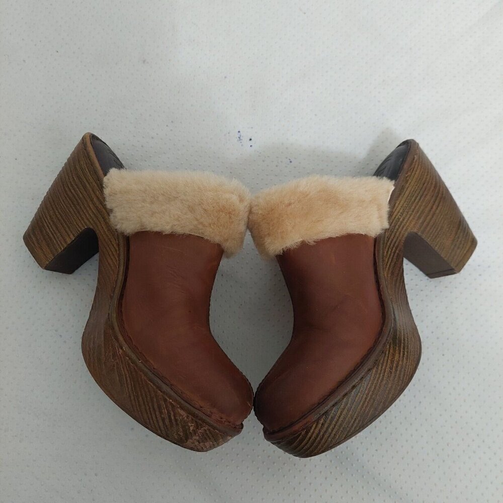 Born Y2K 90’s Brown Leather Shearling‎ Trim Mules Heels Chunky Platform Size 7M - Picture 4 of 10